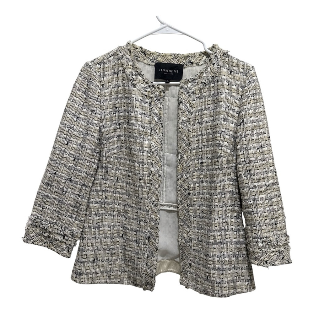 Lafayette 148 New York Tweed Open Front Jacket Blazer Fringe Trim